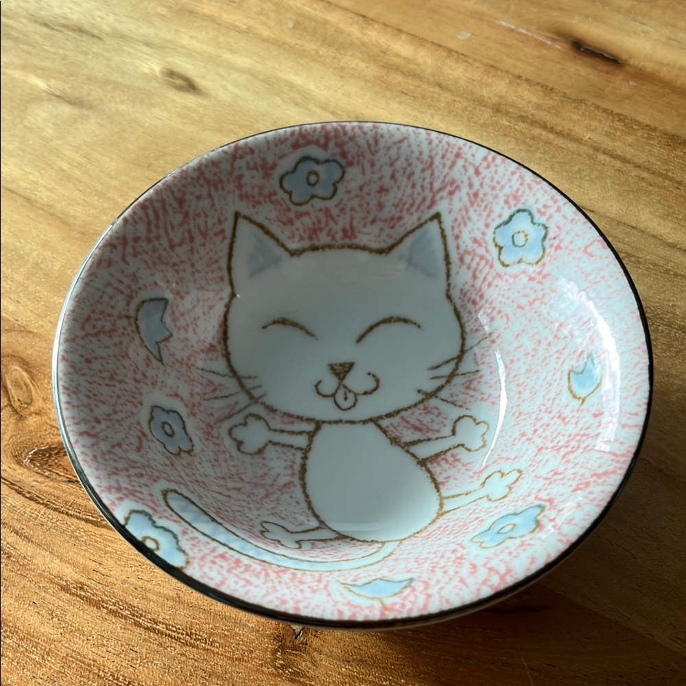 Japanese Cat Ceramic Rice Bowl with pink background and blue flowers